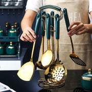 7 PCS Stainless Steel Silicone Kitchen Utensil Slotted Spatula Turner Ladle Serving Spoon Pasta Server Cooking Set glodeco