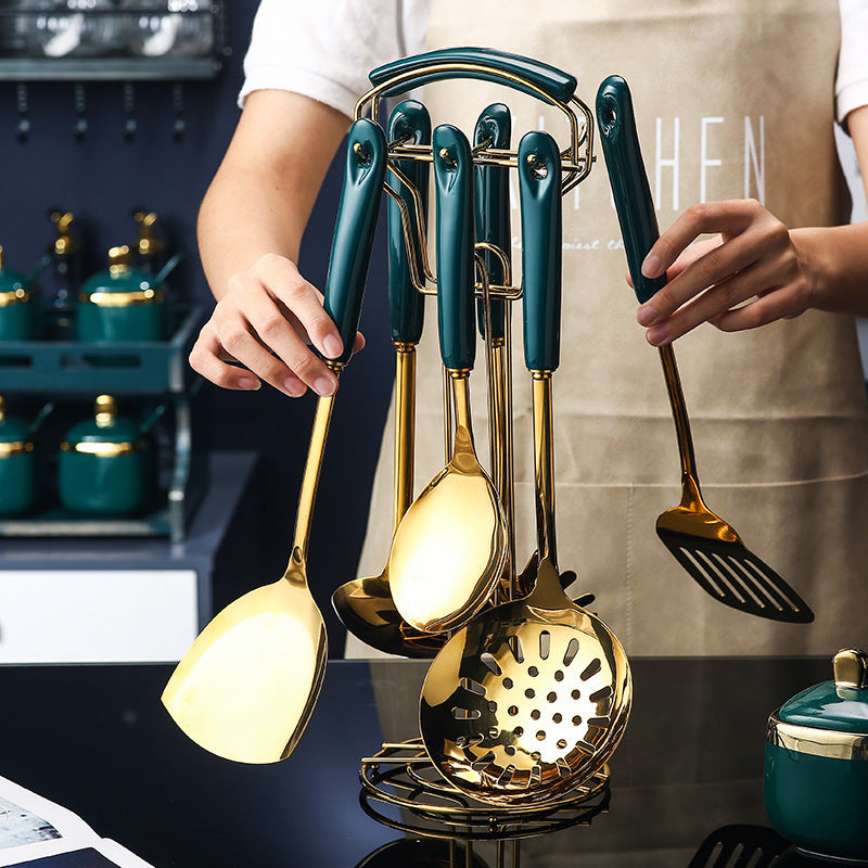 7 PCS Stainless Steel Silicone Kitchen Utensil Slotted Spatula Turner Ladle Serving Spoon Pasta Server Cooking Set glodeco