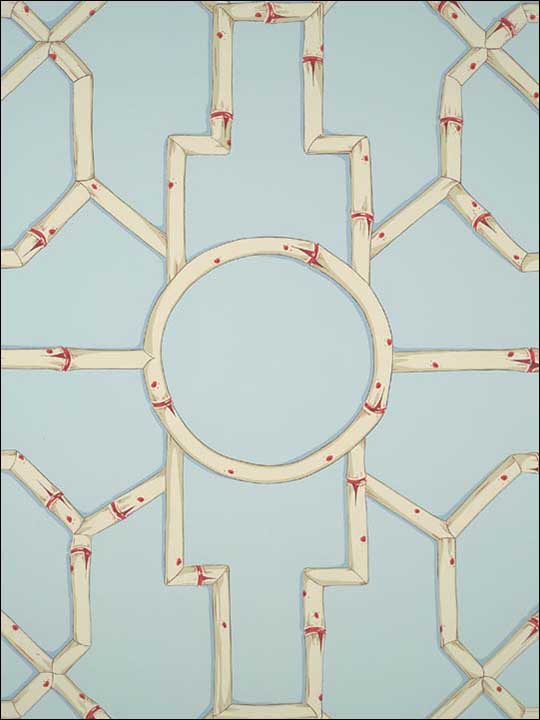 Scalamandre SC0004WP81630 Baldwin Bamboo Cream and Red On Aqua Wallpaper
