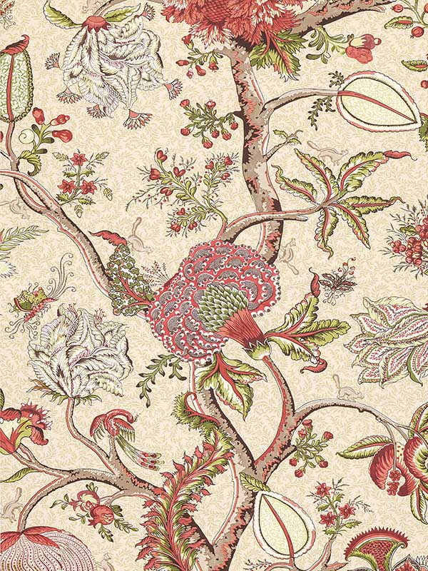 Scalamandre SC0004WP88585 Pondicherry Turkey Red On Lime Fern Wallpaper