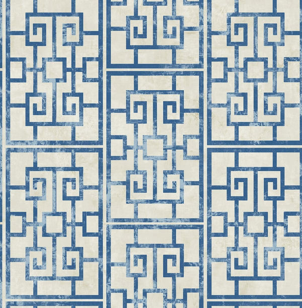 Seabrook Dynasty Lattice Metallic Pearl And Azure Blue Wallpaper