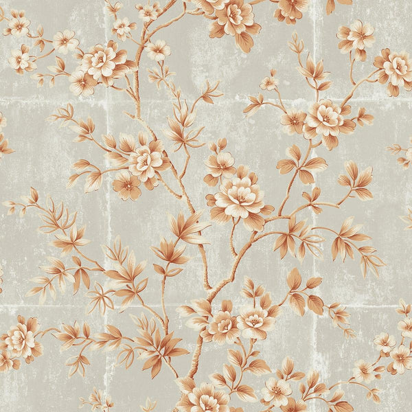 Seabrook Great Wall Floral Metallic Orange And Gray Wallpaper
