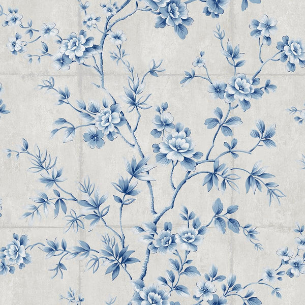 Seabrook Great Wall Floral Metallic Silver And Sky Blue Wallpaper