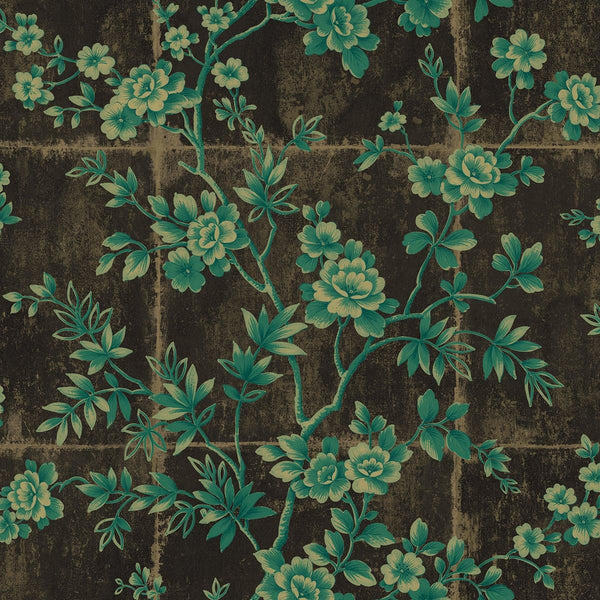 Seabrook Great Wall Floral Metallic Mocha And Sea Green Wallpaper