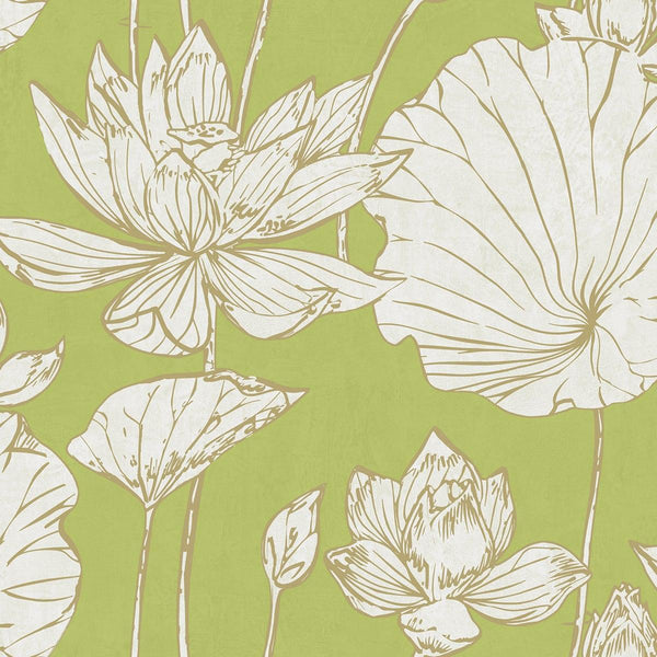 Seabrook Lotus Floral Metallic Gold And Lime Green Wallpaper