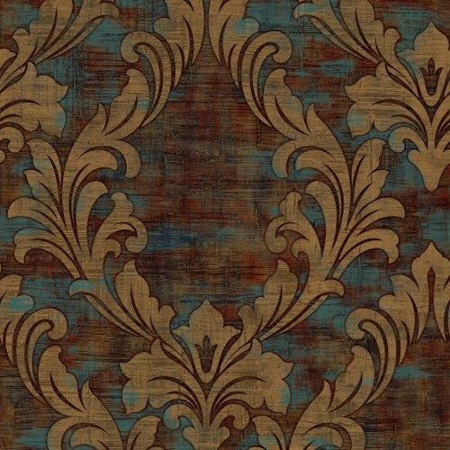 Seabrook Kepler Damask Metallic Gold And Spruce Wallpaper