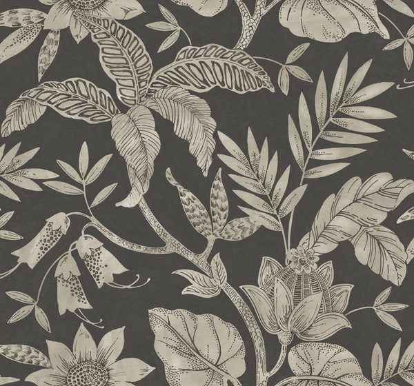 Seabrook Rainforest Leaves Brushed Ebony And Stone Wallpaper