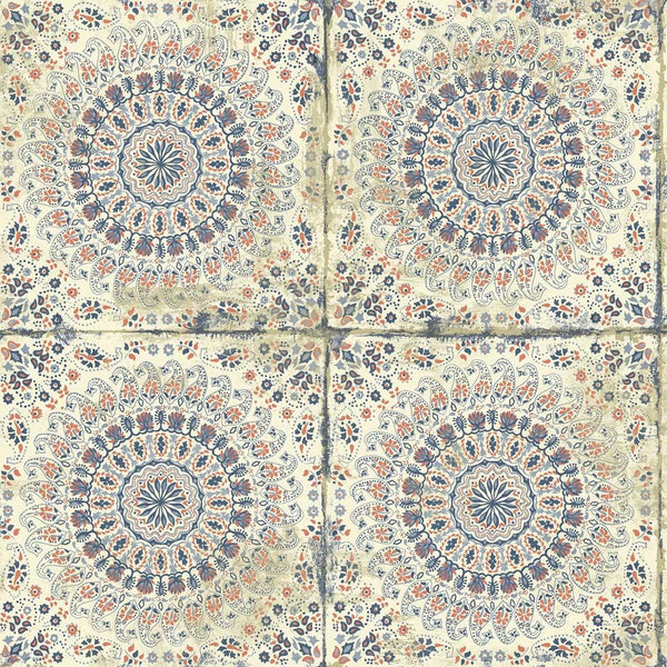 Seabrook Mandala Boho Tile Coral, Cream, And Midnight Blue Wallpaper