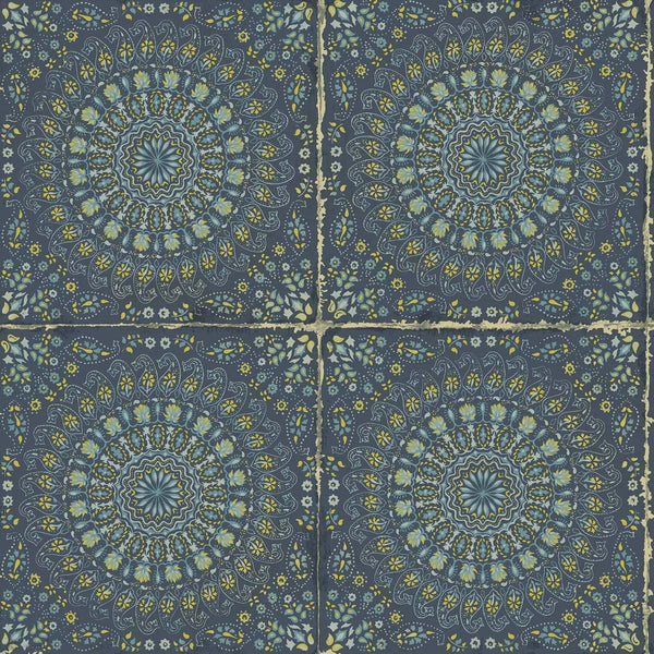 Seabrook Mandala Boho Tile Navy Blue And Dandelion Wallpaper