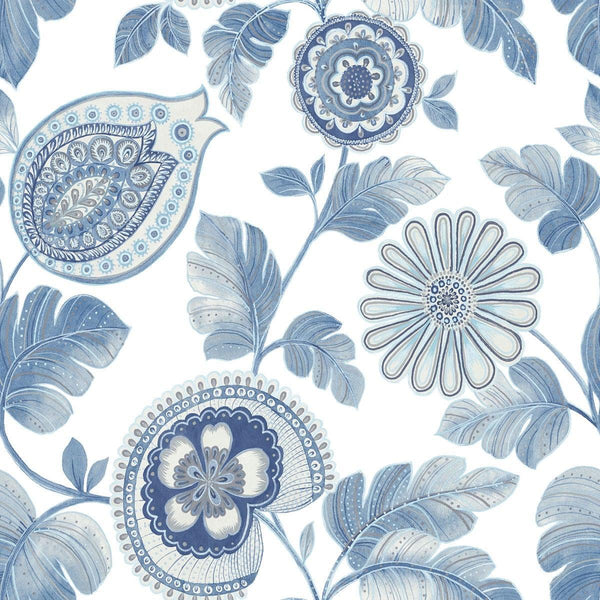 Seabrook Calypso Paisley Leaf Blue Oasis And Ivory Wallpaper