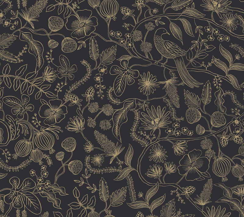 Rifle Paper Co. Aviary Peel And Stick Black/Gold Wallpaper