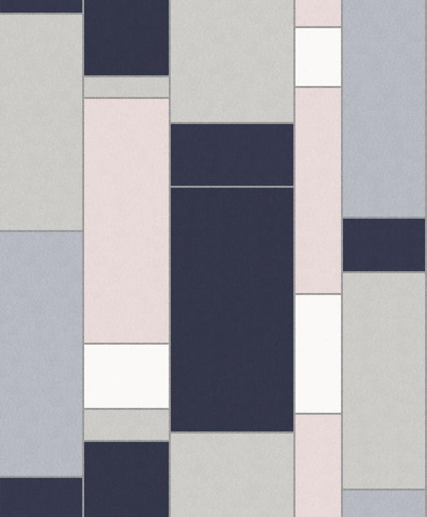 Seabrook De Stijl Geometric Indigo & Metallic Silver Wallpaper