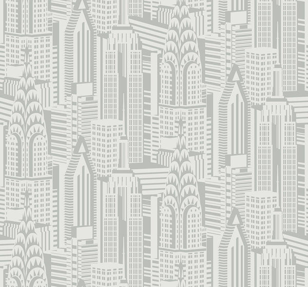Seabrook Manhattan Skyline Silver Sky Wallpaper