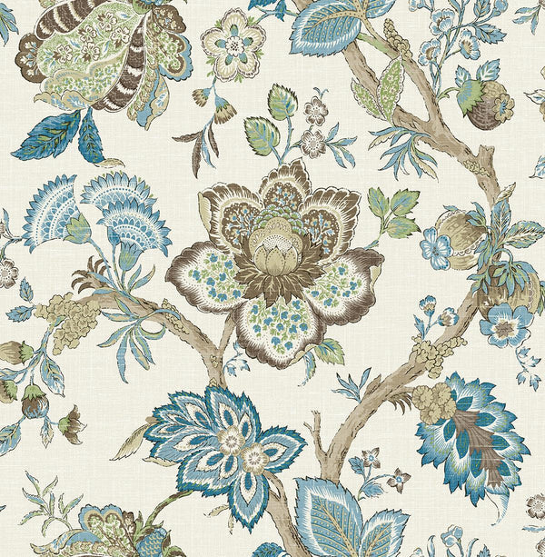 Seabrook Bernadette Jacobean Hickory Smoke & Blue Bell Wallpaper