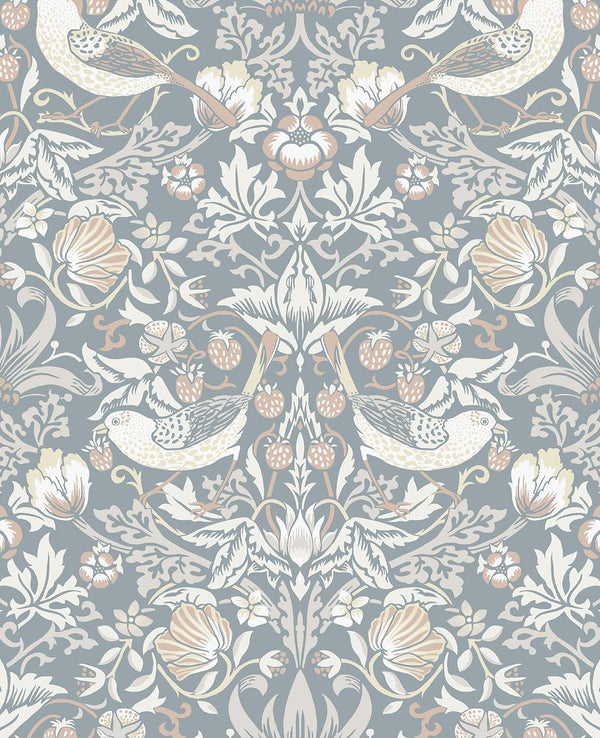 Seabrook Fragaria Garden Blue Mist & Blush Wallpaper