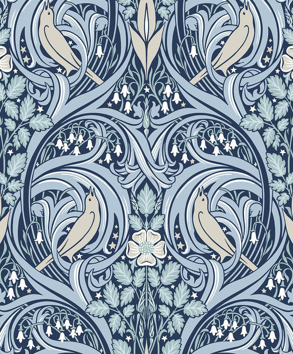 Seabrook Bird Scroll Denim & Blue Mist Wallpaper
