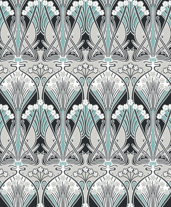 Seabrook Dragonfly Damask Ebony & Aqua Wallpaper