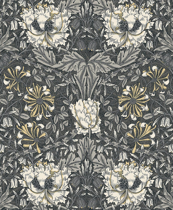 Seabrook Ogee Flora Charcoal & Goldenrod Wallpaper