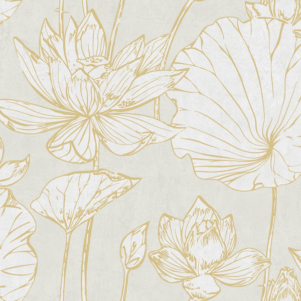 Seabrook Lotus Floral Metallic Gold And Off-White Wallpaper