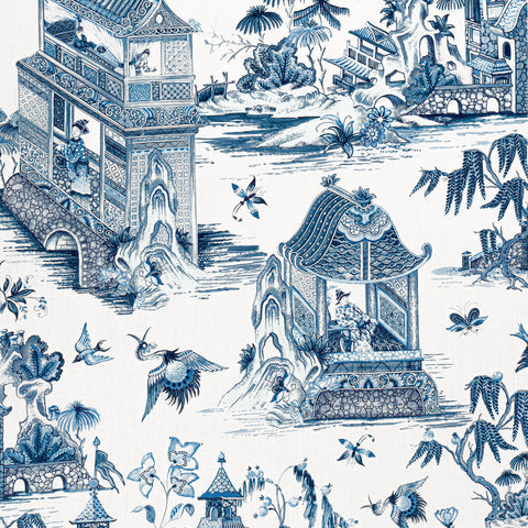 Grand Palace Blue and White Fabric - F913614 - Thibaut Fabric