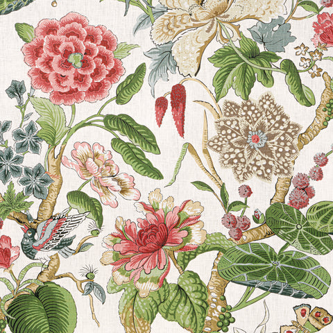 Hill Garden Coral and Green Fabric - F913658 - Thibaut Fabric