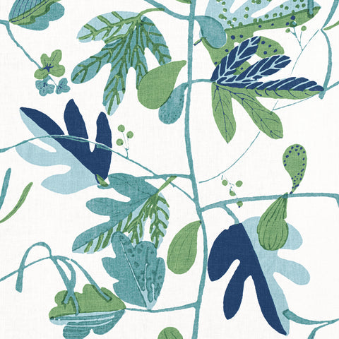 Matisse Leaf Green and Blue Fabric - F916209 - Thibaut Fabric