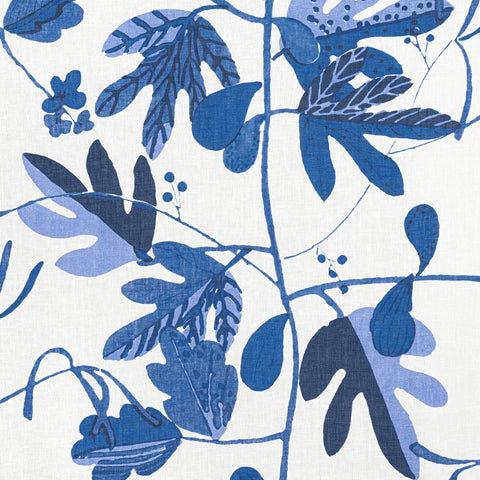 Matisse Leaf Blue and White Fabric - F916211 - Thibaut Fabric