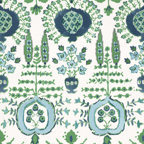 Mendoza Suzani Blue and Green on White Fabric - F916240 - Thibaut Fabric