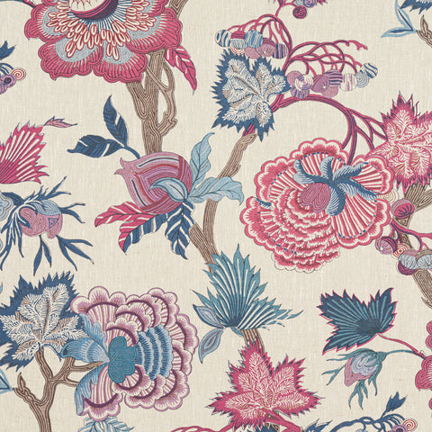 Indienne Jacobean Raspberry and Blue on Natural Fabric - F936419 - Thibaut Fabric