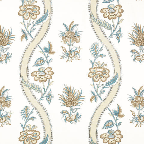 Ribbon Floral Beige and Spa Blue Fabric - F936425 - Thibaut Fabric
