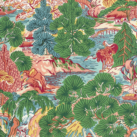 Pagoda Trees Pink and Green Fabric - F942026 - Thibaut Fabric