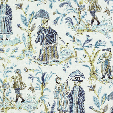 Royale Toile Turquoise and Navy Fabric - F972574 - Thibaut Fabric