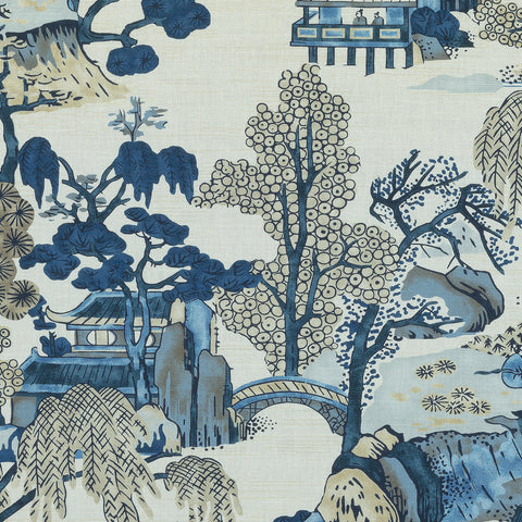 Asian Scenic Blue and Beige Fabric - F975461 - Thibaut Fabric