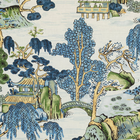 Asian Scenic Blue and Green Fabric - F975462 - Thibaut Fabric