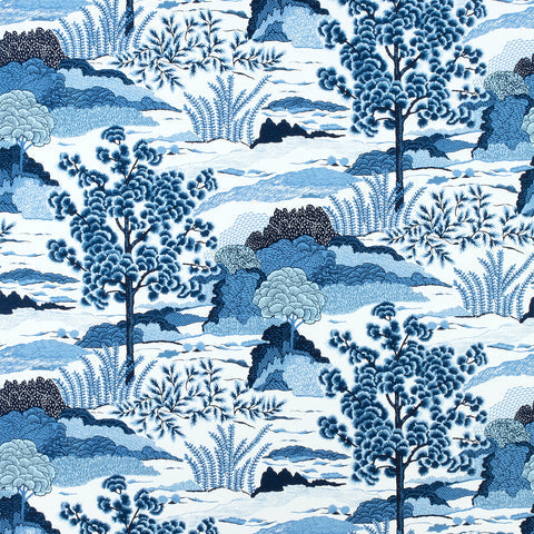 Daintree Blue on White Fabric - F985044 - Thibaut Fabric