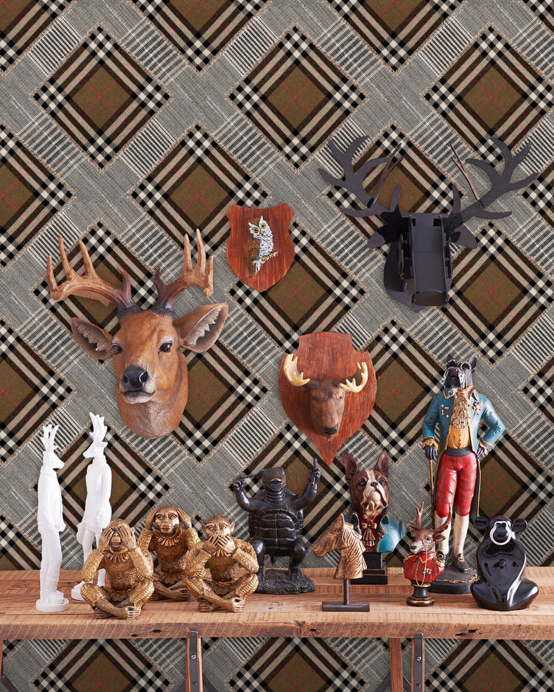 Mind The Gap - CHECKERED PATCHWORK Mid Brown Wallpaper - WP20390