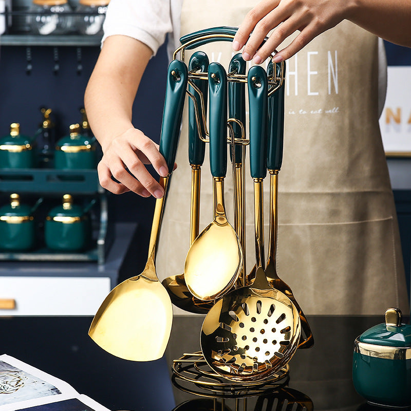 7 PCS Stainless Steel Silicone Kitchen Utensil Slotted Spatula Turner Ladle Serving Spoon Pasta Server Cooking Set glodeco