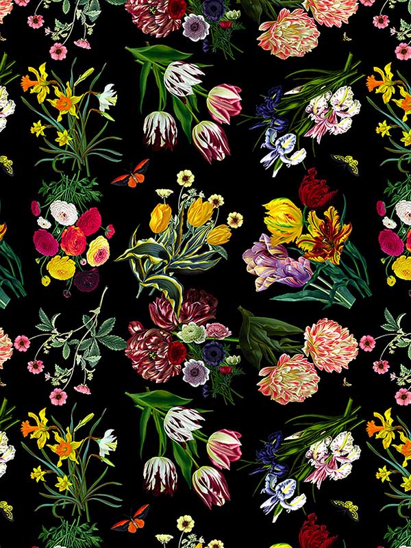 Scalamandre WNM0006FLOR Flora and Fauna Black Wallpaper