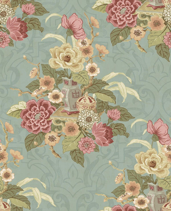 Seabrook Dynasty Floral Metallic Blue Mist Wallpaper