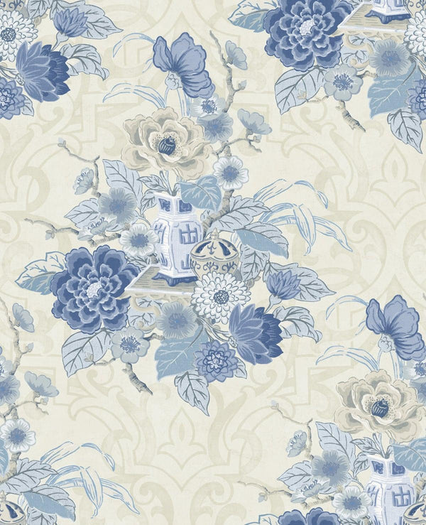 Seabrook Dynasty Floral Metallic Linen And Blue Wallpaper