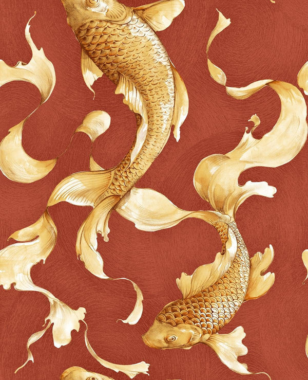 Seabrook Koi Fish Metallic Gold And Crimson Wallpaper