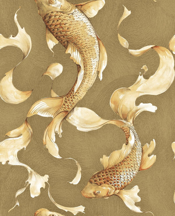Seabrook Koi Fish Metallic Gold And Toffee Wallpaper