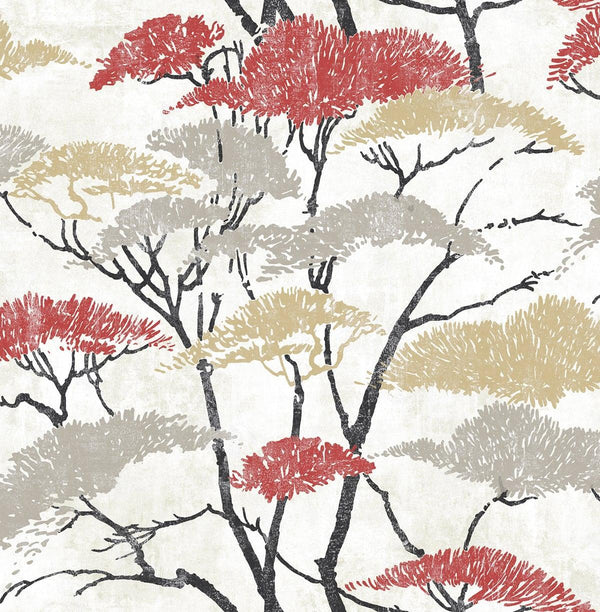 Seabrook Confucius Tree Metallic Gold, Silver, And Crimson Wallpaper