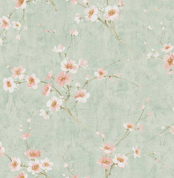 Seabrook Silk Road Dogwood Metallic Mint And Pink Wallpaper