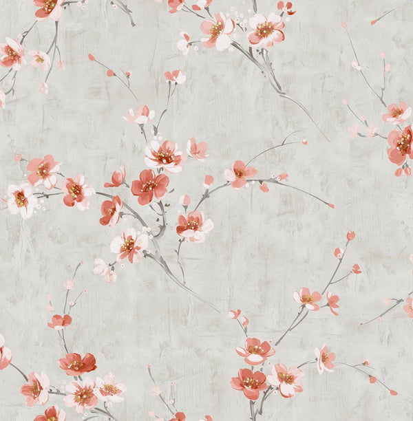 Seabrook Silk Road Dogwood Metallic Silver And Strawberry Wallpaper