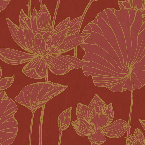 Seabrook Lotus Floral Metallic Gold And Crimson Wallpaper
