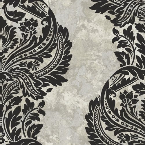 Seabrook Newton Damask Black And Greige Wallpaper