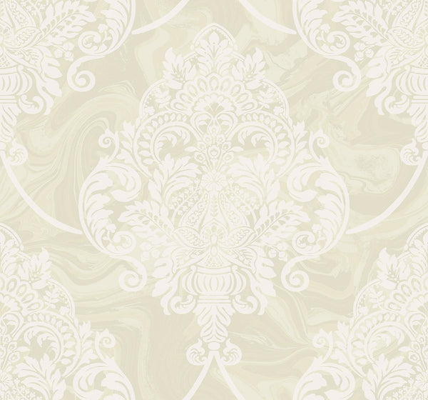 Seabrook Puff Damask Metallic And Off-White Wallpaper