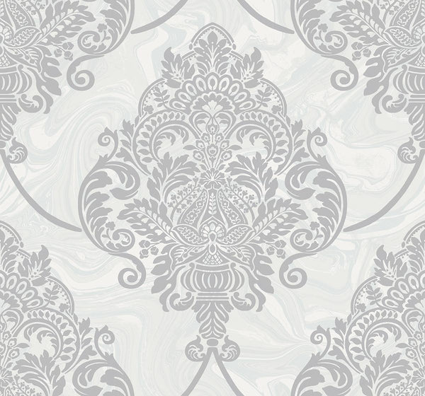 Seabrook Puff Damask Silver Glitter And Pearl Wallpaper