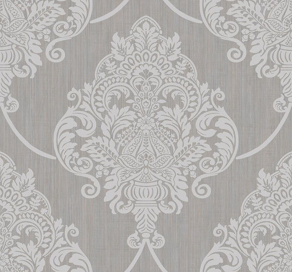 Seabrook Puff Damask Metallic Silver Glitter And Tan Wallpaper